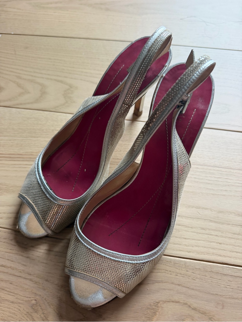 kate spade Silver Metallic Slingback Peep-Toe Heels with Pink Insole